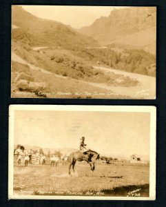 #122 RPPC 2pcs Wy. Horshoe Curves, Medicine Bow Horse Bucking Sanborn