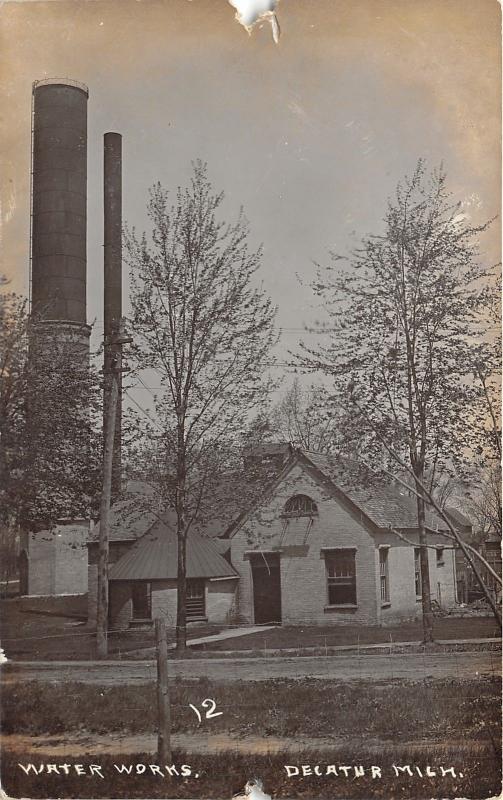 Decatur Michigan~Water Works Building & Smoke Stacks~Unpaved Street~c1910 RPPC