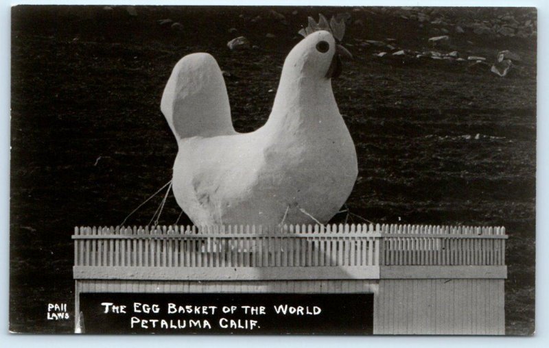 RPPC PETALUMA, CA ~ Egg Basket of the World  GIANT CHICKEN Laws 1940s Postcard 