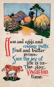 1915 Vintage Postcard Cow Calf Farm Ham Eggs Creamy Puffs Poem