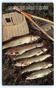 GREETINGS From MARQUETTE, MI Michigan ~ Row of FISH & CREEL, NET c1960s Postcard