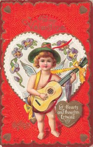 Vintage Embossed Valentine Postcard Cupid Pansies E. Nash Shenandoah Iowa