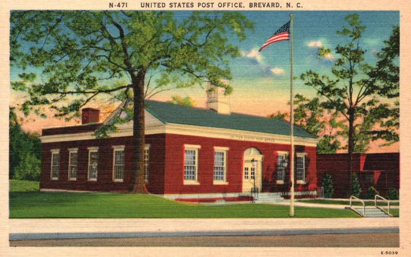 Vintage Postcard 1920's View of United States Post Office Brevard North Carolina 