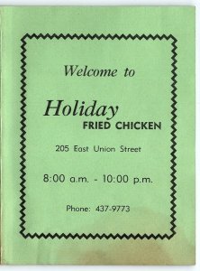 1960s MORGANTON NC HOLIDAY FRIED CHICKEN EAST UNION ST DAILY MENU Z3810