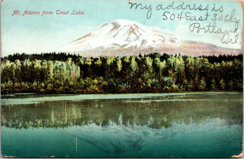 MT ADAMS WASHINGTON AND REFLECTION FROM TROUT LAKE OREGON LINEN US POSTCARD 