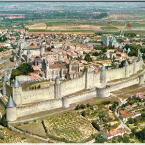 1957 Carcassonne France Postcard La Cite Medieval Aerial Fortress Air France Ad