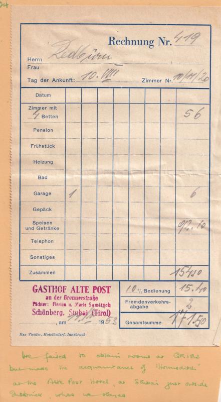 Gasthof Alte Post Hotel Schonberg Tirol 1953 Receipt