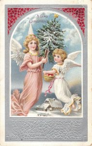 pink angels with apples silver foil postcard ac122