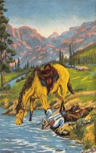 A DRINK OF WATER Cowboy & Horse Drinking  OIL PAINTING~LH Larsen 1939 Postcard
