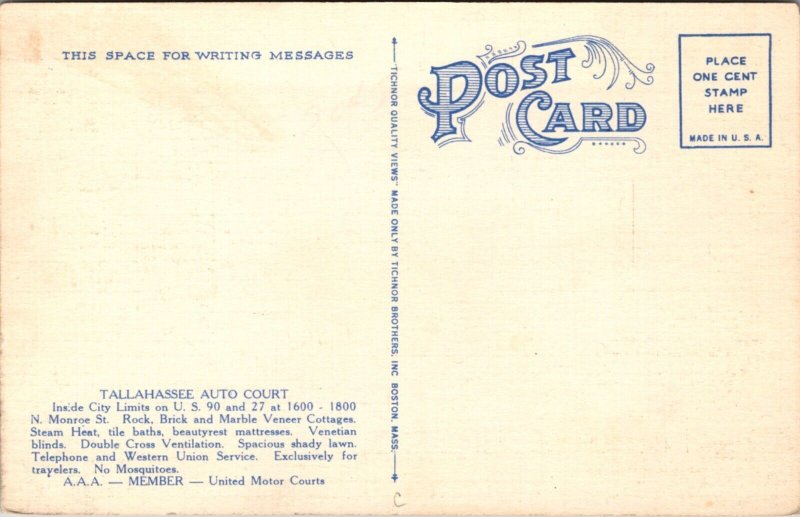 Linen Postcard Tallahassee Auto Court US 90 and 27 in Tallahassee, Florida