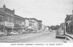 Postcard Indiana Bremen Main Street automobiles Lumitone 23-9665