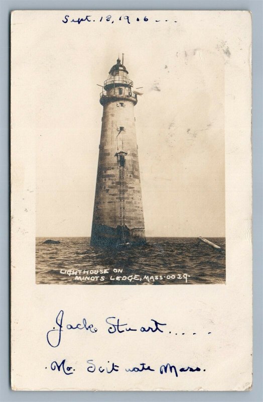 MINOTS LEDGE MA LIGHTHOUSE 1905 ANTIQUE REAL PHOTO POSTCARD RPPC