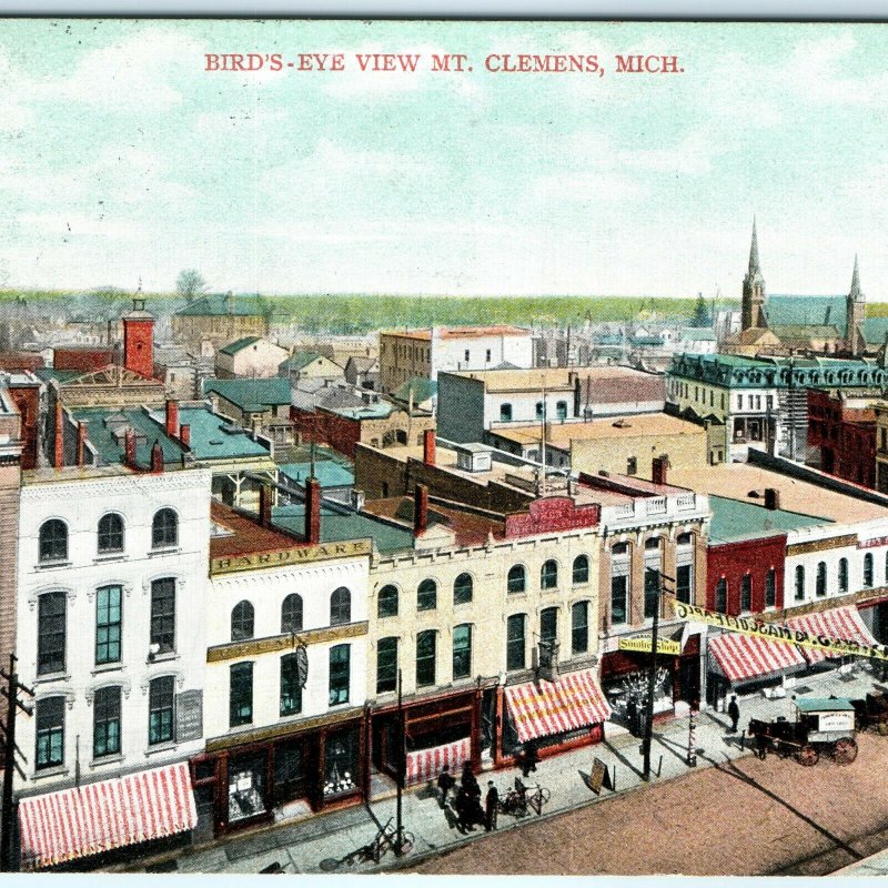 1907 Mt. Clemens, MI Birdseye Downtown Main St Shops Horse Buggy Businesses A14