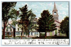 1907 Scene On Union Common Building Church Houses Trees Union Maine ME Postcard