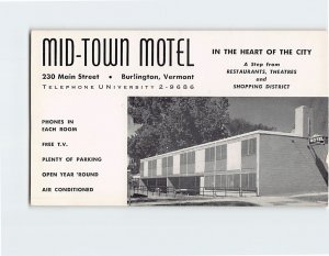 Postcard Mid-Town Motel 230 Main Street Burlington Vermont USA