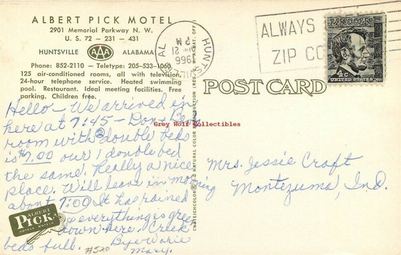 AL, Huntsville, Alabama, Albert Pick Motel, Postmark 1966