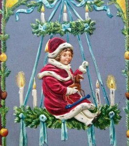 Christmas Postcard Santa Suit Girl Swings On Chandelier MAB 15735 Germany 1913