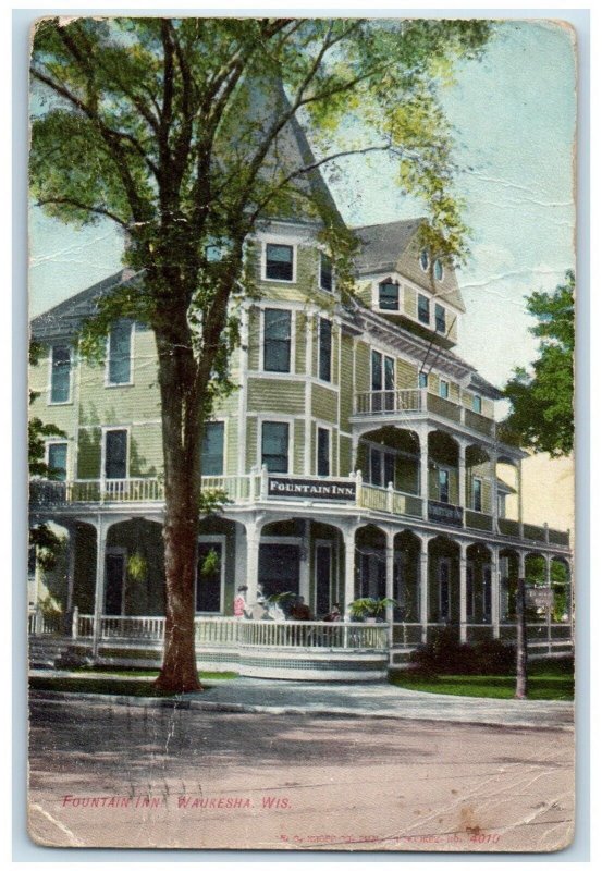 1908 Fountain Inn Exterior Building Waukesha Wisconsin Vintage Antique Postcard