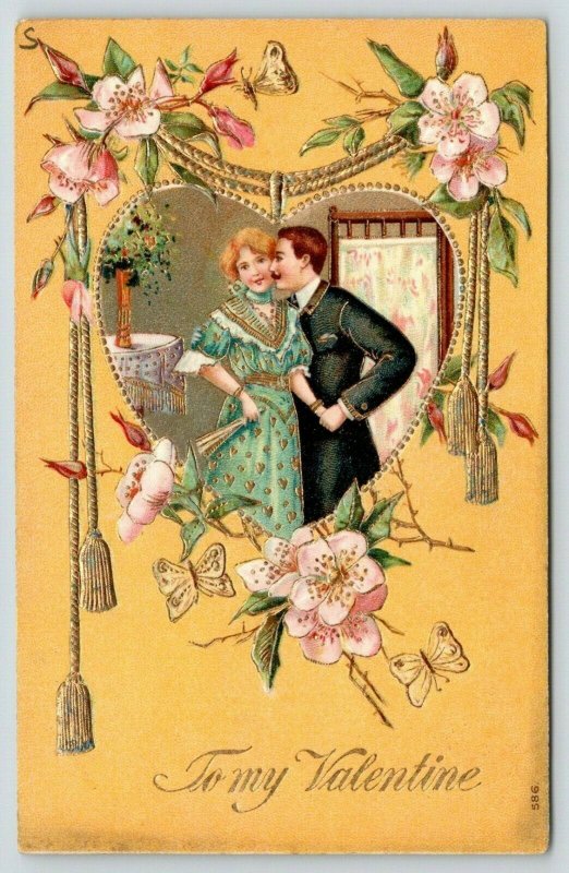 Victorian Valentine~Hanging Heart~Couple in Parlor~Wild Rose Art~Gold Leaf Emb