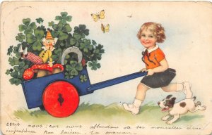Lot267 greetings girl with a cart full of clover horseshoe belgium mushroom