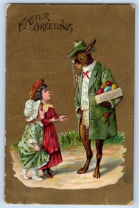 1910 Easter Greetings Anthropomorphic Rabbit With Eggs Children Antique Postcard