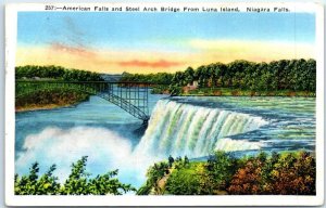 Postcard - American Falls and Steel Arch Bridge from Luna Island, Niagara Falls