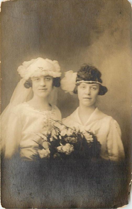 RPPC Bride With Veil Bouquet and Another Woman Bridesmaid or Mother B&W Photo