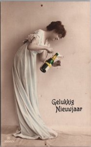 Beautiful Fashion Glamour Women Happy New Year Vintage RPPC C155