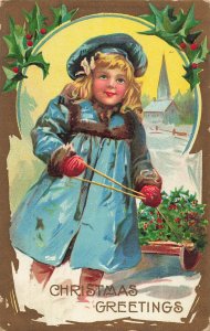 Beautiful Blonde Girl in Blue Coat Pulling Sled in Snow~1909 Christmas POSTCARD