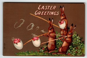 Easter Postcard Bunny Rabbits Smoking Egg Pipes Fantasy Germany 1910 Embossed