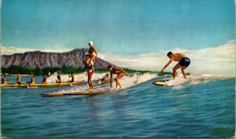 United Airlines Postcard Surfing Waikiki Beach, Oahu, Hawaii~132339