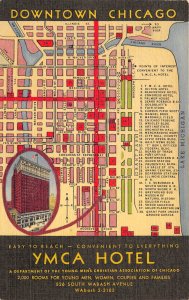 Chicago Illinois 1940s Postcard YMCA Hotel Downtown Chicago Map