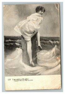 Vintage 1907 Risqué Postcard Beautiful Woman Rough Waves - Stuck on Pole - Funny
