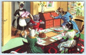 Mainzer Dressed CATS SPILLED MILK Chaos ~ Anthropomorphic #4916 Belgium Postcard