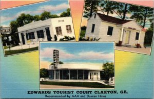 Vtg 1940s Edwards Tourist Court Motel Claxton Georgia GA Roadside Linen Postcard