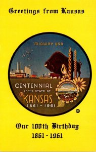 Kansas Greetings From Centennial 1861-1961 Our 100th Birthday