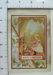 Victorian Christmas Trade Card Spider Web Cute Girl Tea-Time Dolls Outside #A