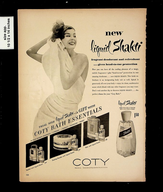 1951 Liquid Shakti COTY Bath Essentials Vintage Print Ad 015701