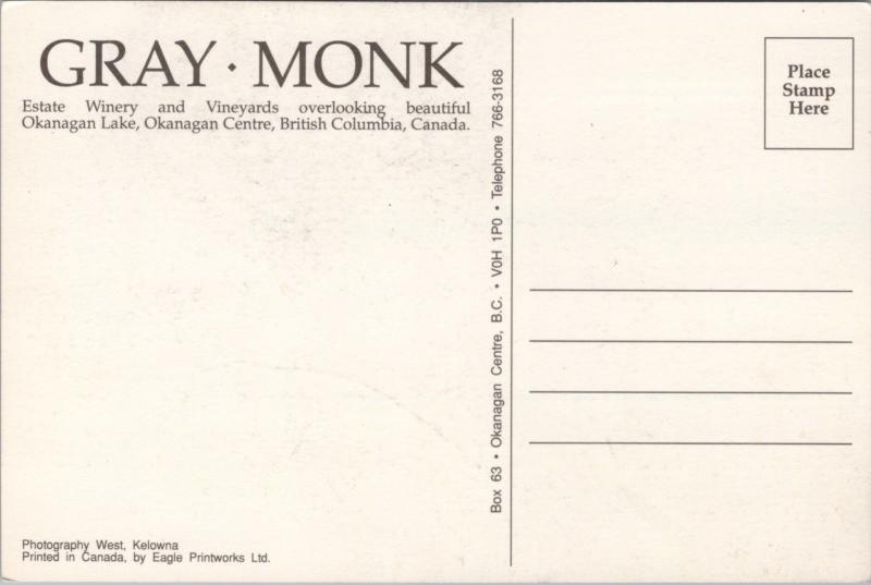 Gray Monk Winery Kelowna BC British Columbia Wine Unused Ad Advert Postcard D53