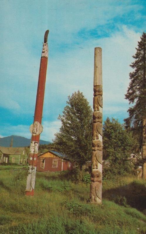 British Columbia Totem Pole Route Skeena Crossing Kitsequekla Indian Postcard