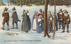 The PILGRIMS Going To CHURCH ~ Art By GEORGE H BOUGHTON  ca1940's Linen Postcard