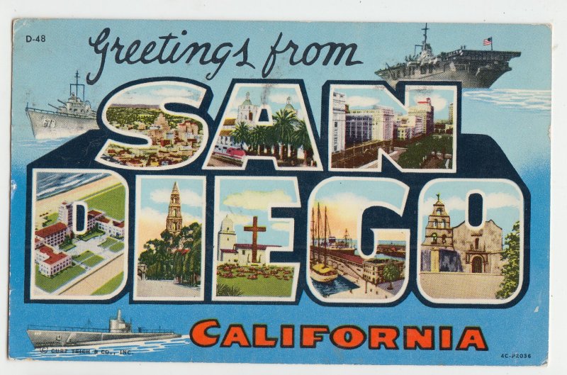 P3062, 1958 postcard greetings from san diego calif with navy ships etc