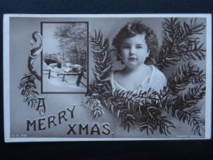 A Merry Christmas LITTLE GIRL & PINE TREE LEAVES c1908 RP Postcard by Rotary