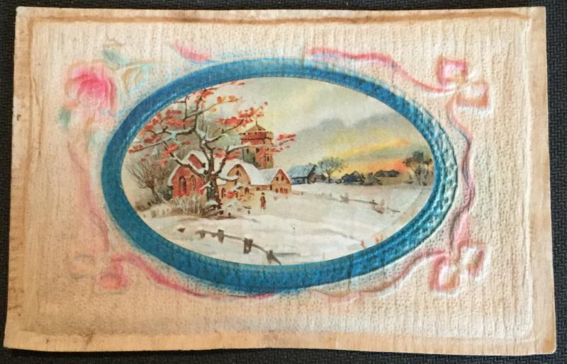 Postcard Used Embossed Tissue? Hand Made? Winter scene MO LB