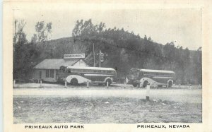 Postcard Nevada Primeaux 1930s Gas Station bus Stop auto Park buses NV24-2437