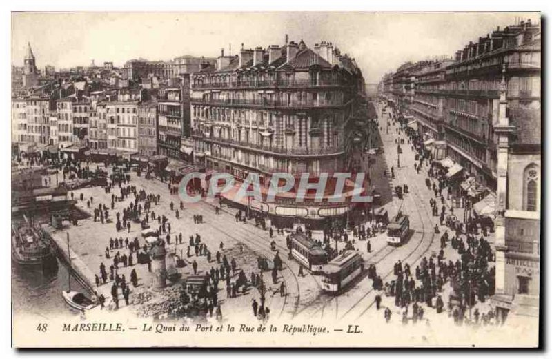 Old Postcard Marseille Quai du Port and Rue de la Republique