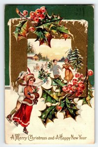 Christmas Postcard Children Ice Skating Women Men Muff Hand Warmer 1910 Embossed