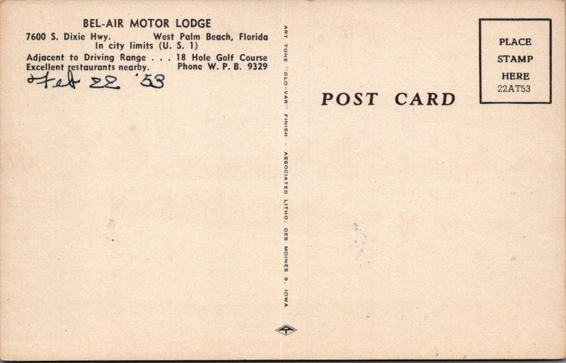 Postcard Bel Air Motor Lodge West Palm Beach Florida FL