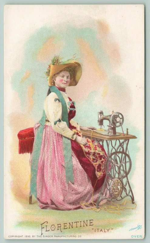 Singer Mfg Co~Florentine Lady at Sewing Machine~Italy~1892 Victorian Trade Card 