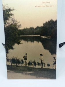 Children Paddling at Wimbledon Common Antique Adv Postcard Joseph Ely - Draper